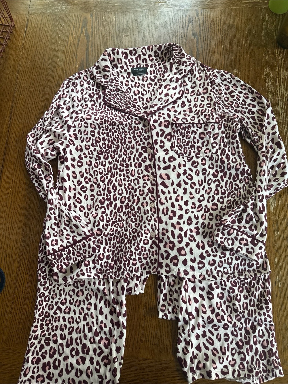 Kate Spade Pink Leopard Print Pajama Set Long Sleeve Pants Small NEW Cozy Luxury